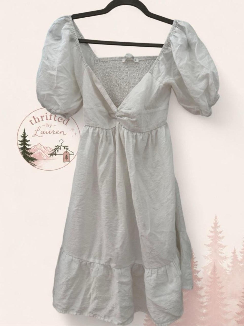 Altar’d State White Puff Sleeve Open Back Midi Dress XS Cottagecore